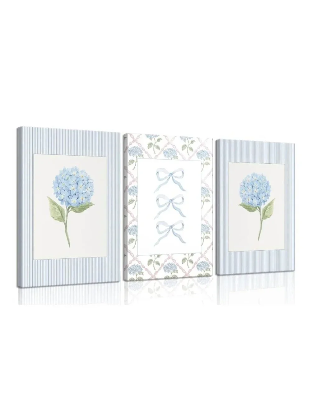 Blue Hydrangea Wall Art Set of 3 Canvas Prints Cottagecore Floral Bow Decor